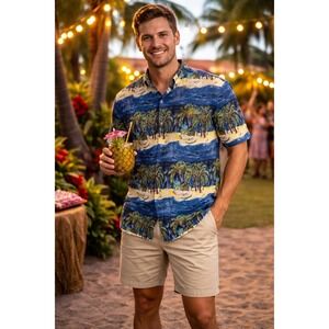 Kahala XL Hawaiian Shirt Blue Tree Coconut Beach Cotton Button Down (D75)